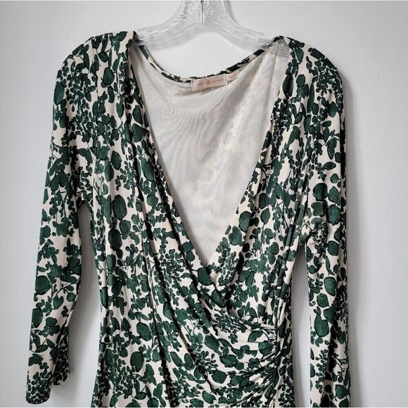 TORY BURCH Michele Vine Jersey Draped Dress Green Cream Size Medium - Picture 3 of 10